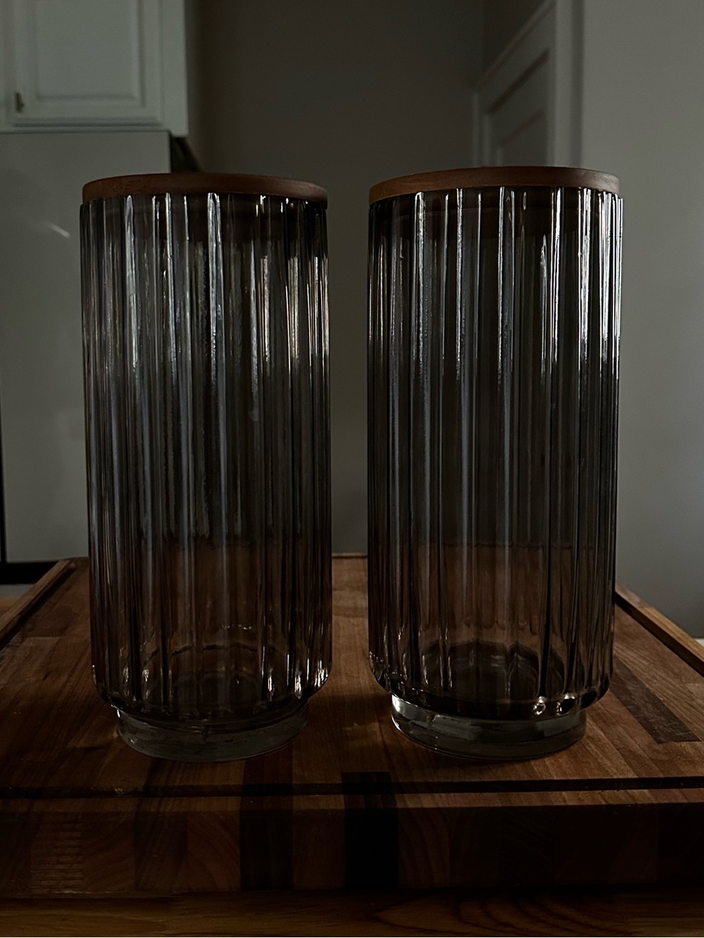 Smoky Gray Ribbed Glass Vase Pair with Wood Rim